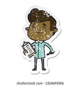 distressed sticker of a happy cartoon man with pen and clipboard