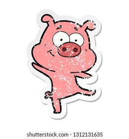 distressed sticker of a happy cartoon pig dancing