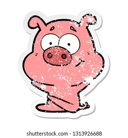 distressed sticker of a happy cartoon pig