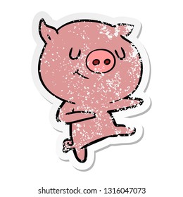 distressed sticker of a happy cartoon pig dancing