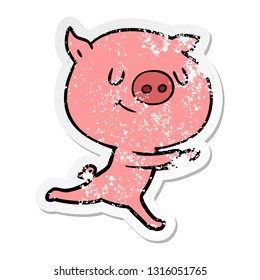 distressed sticker of a happy cartoon pig