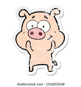 distressed sticker of a happy cartoon pig