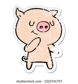 distressed sticker of a happy cartoon pig