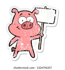 distressed sticker of a happy cartoon pig