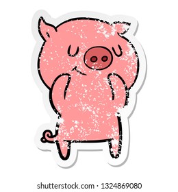 distressed sticker of a happy cartoon pig