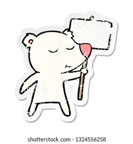 distressed sticker of a happy cartoon polar bear with sign