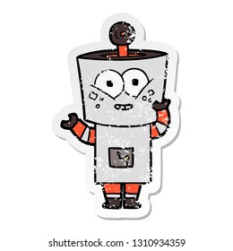 distressed sticker of a happy cartoon robot waving hello