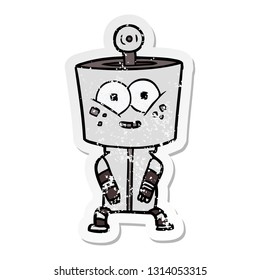 distressed sticker of a happy cartoon robot