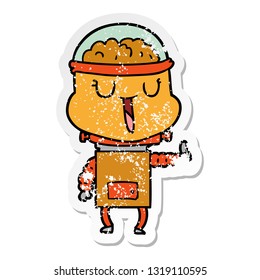 distressed sticker of a happy cartoon robot