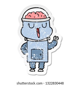distressed sticker of a happy cartoon robot