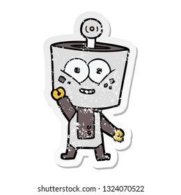 distressed sticker of a happy cartoon robot waving hello