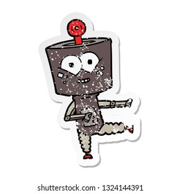 distressed sticker of a happy cartoon robot dancing