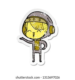 distressed sticker of a happy cartoon space girl