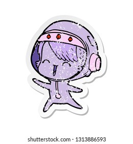 distressed sticker of a happy cartoon space girl