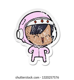 distressed sticker of a happy cartoon space girl