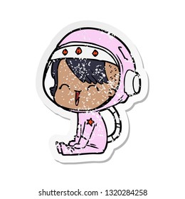 distressed sticker of a happy cartoon space girl