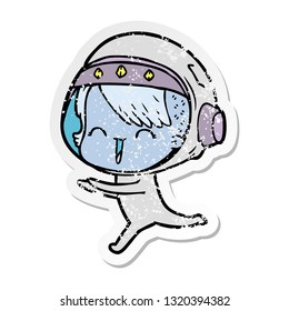 distressed sticker of a happy cartoon space girl