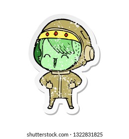 distressed sticker of a happy cartoon space girl