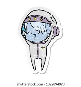 distressed sticker of a happy cartoon space girl