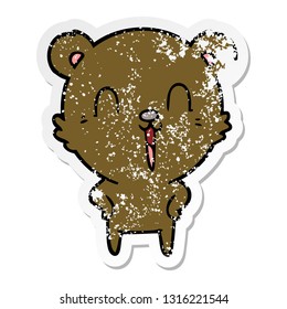 distressed sticker of a happy laughing cartoon bear