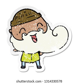 distressed sticker of a happy man with beard and winter hat