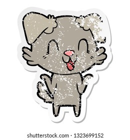 distressed sticker of a laughing cartoon dog shrugging shoulders