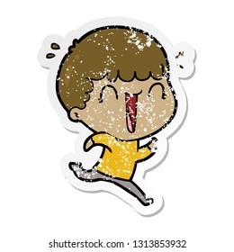 distressed sticker of a laughing cartoon man running