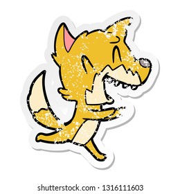 distressed sticker of a laughing fox running away