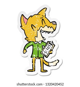 distressed sticker of a laughing fox salesman