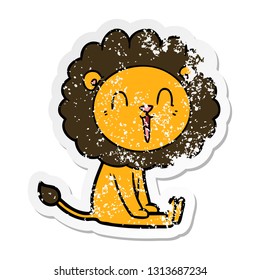 distressed sticker of a laughing lion cartoon sitting