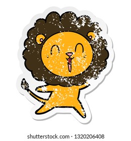 distressed sticker of a laughing lion cartoon