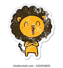 distressed sticker of a laughing lion cartoon