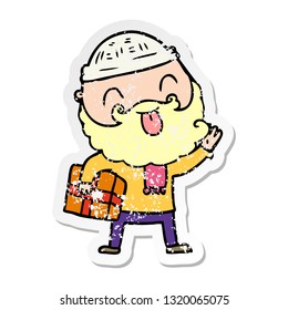 distressed sticker of a man with beard carrying christmas present