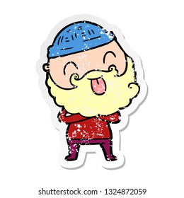 distressed sticker of a man with beard sticking out tongue