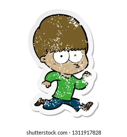 distressed sticker of a nervous cartoon boy