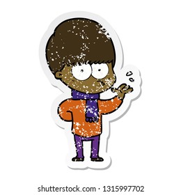 distressed sticker of a nervous cartoon boy