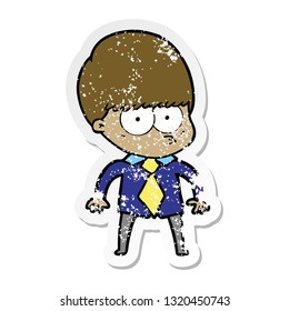 distressed sticker of a nervous cartoon boy wearing shirt and tie