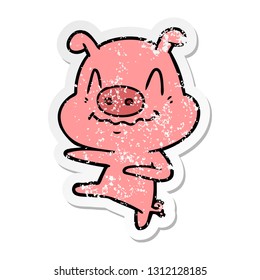 distressed sticker of a nervous cartoon pig dancing