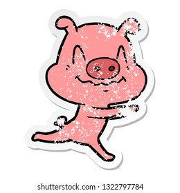 distressed sticker of a nervous cartoon pig running
