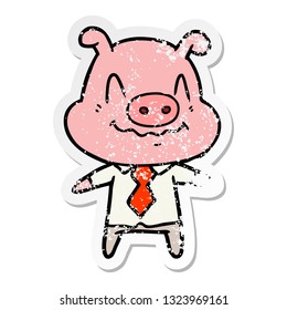 distressed sticker of a nervous cartoon pig boss