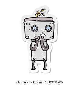 distressed sticker of a nervous cartoon robot