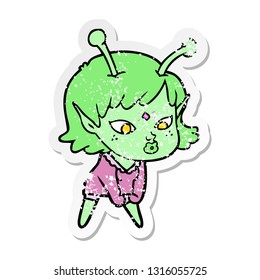 distressed sticker of a pretty cartoon alien girl