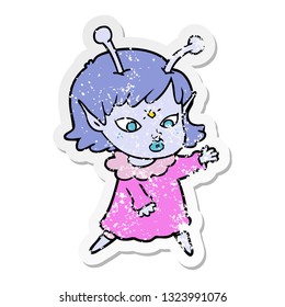 distressed sticker of a pretty cartoon alien girl
