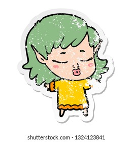 distressed sticker of a pretty cartoon elf girl
