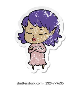 distressed sticker of a pretty cartoon elf girl with corssed arms