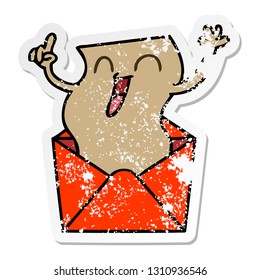 distressed sticker of a quirky hand drawn cartoon happy letter