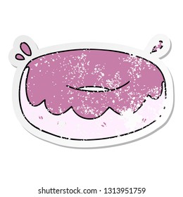 distressed sticker of a quirky hand drawn cartoon iced donut