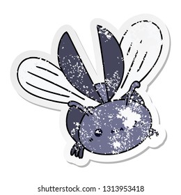 distressed sticker of a quirky hand drawn cartoon flying beetle
