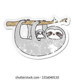 distressed sticker of a quirky hand drawn cartoon sloth and baby