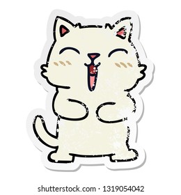 distressed sticker of a quirky hand drawn cartoon cat